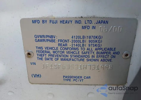 2001 Subaru Forester L z USA, uszkodzony, nr VIN JF1SF63531H731998